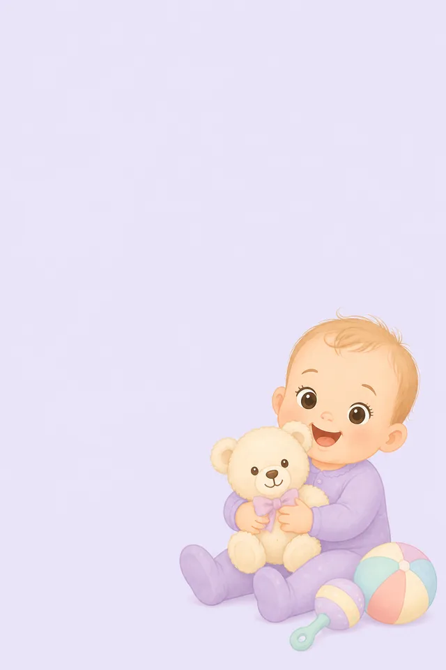 Baby sitting with a plush teddy bear and a soft rattle