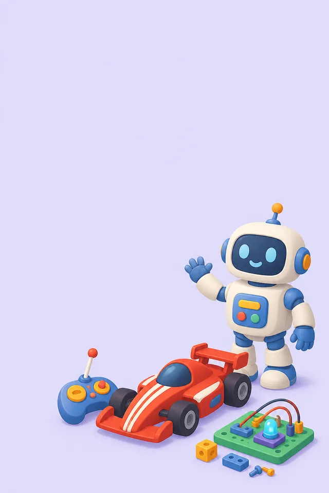 Toy robot beside a remote control race car and a circuit kit