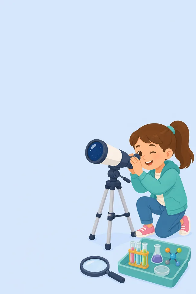 Young explorer looking through a telescope beside a science kit