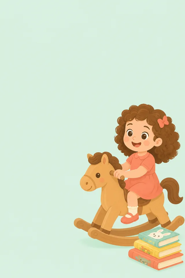Preschooler riding a wooden rocking horse beside picture books